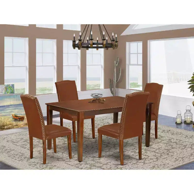 Set da pranzo toscano - Tavolo rettangolare e 4 sedie - Ecopelle marrone - Tavolo da 60 - Home Stock