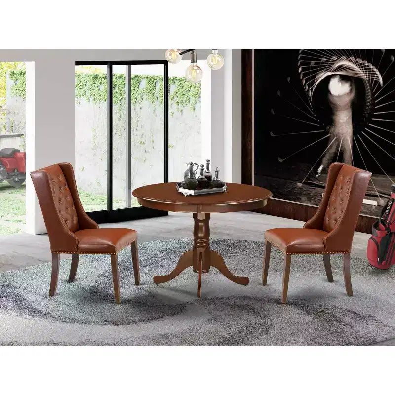 Set da pranzo in 3 pezzi con piano in legno massello finitura mogano - con bottoni imbottiti - 4 posti