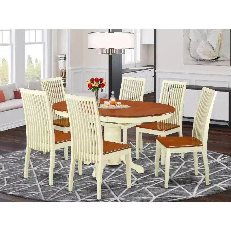 Tavolo da pranzo HomeStock in 7 pezzi con ripiano in legno massiccio finitura Panna e Ciliegio con 6 sedie