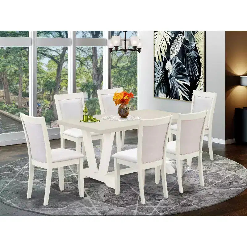 HomeStock Tavolo da pranzo rettangolare a 7 posti con piano in legno massello finitura bianco lino spazzolato a filo con 6 sedie