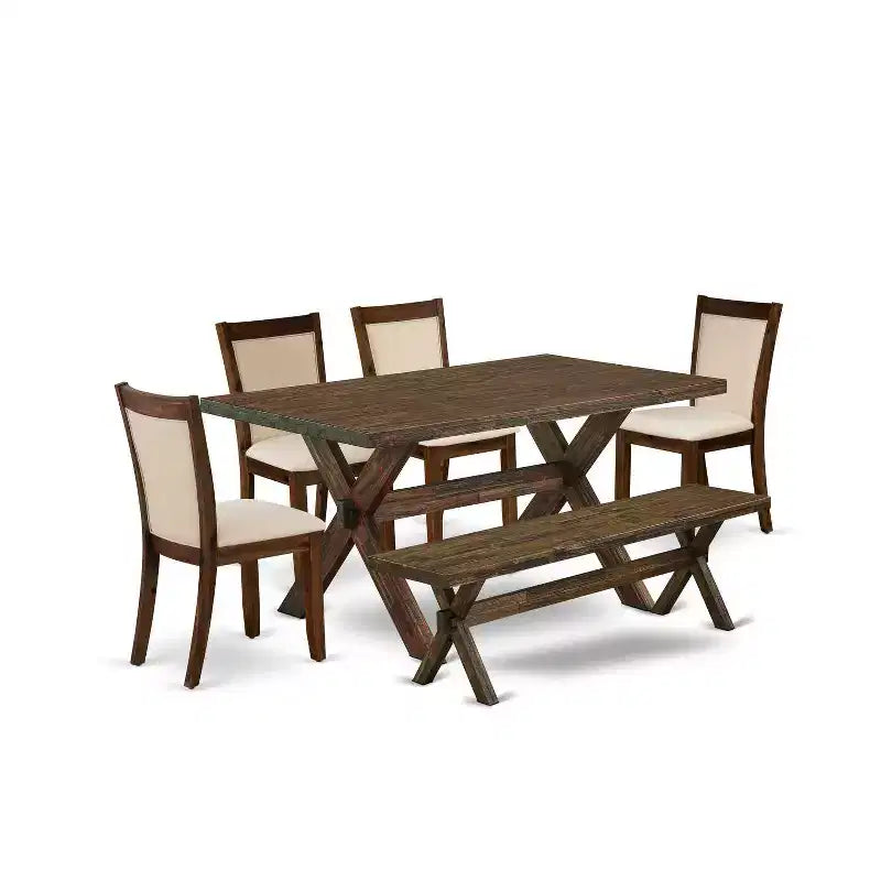 HomeStock 6-Piece Rectangle Distressed Jacobean Finish Solid Wood Top Dining Table with 1-Bench, 4-Chairs