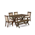 HomeStock 6-Piece Rectangle Distressed Jacobean Finish Solid Wood Top Dining Table with 1-Bench, 4-Chairs