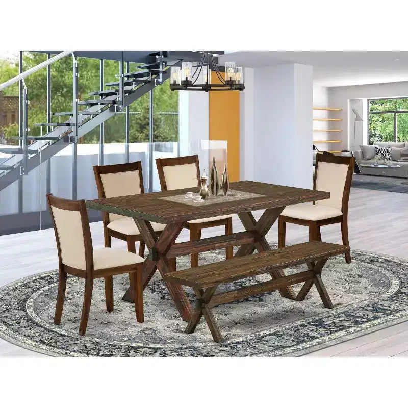 HomeStock Tavolo da pranzo rettangolare a 6 pezzi in legno massello con finitura Jacobean anticata, con 1 panca e 4 sedie