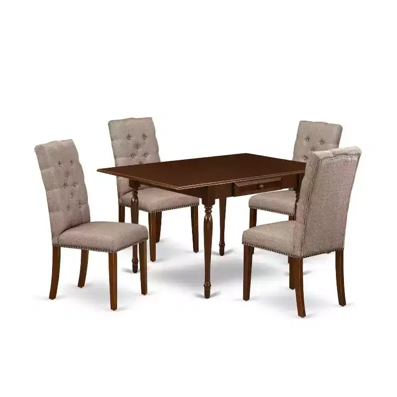 HomeStock 5-Pc Mahogany Finish Solid Wood Top - Rectangular Dining Room Set with Leaf - Seats 4