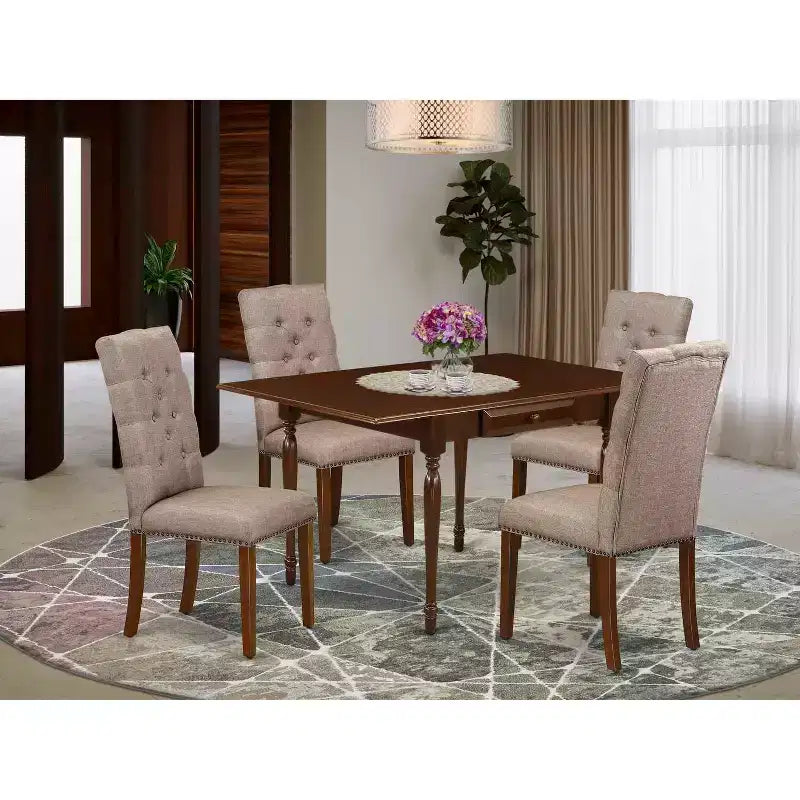 HomeStock Set Sala da Pranzo Rettangolare 5 Pezzi con Piano in Legno Massello Finitura Mogano con Prolunga - 4 Posti