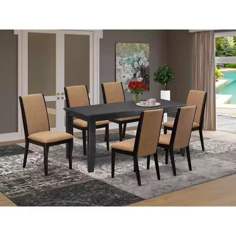 HomeStock Tavolo da Pranzo Rettangolare 7 Pezzi con Finitura Nera, Piano in Legno Massello e 6 Sedie