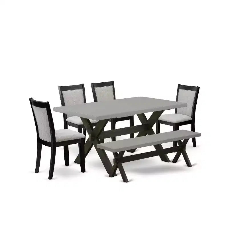 HomeStock 6-Piece Rectangle Natural Oak Finish Solid Wood Top Dining Table with 1-Bench, 4 Upholstered-Chairs