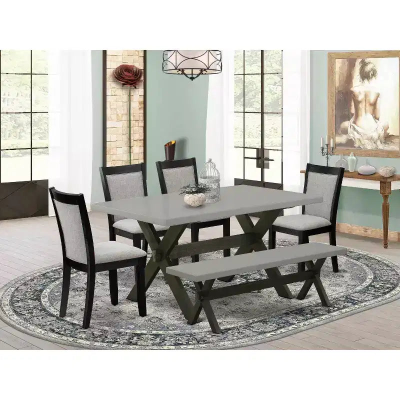 HomeStock Tavolo da Pranzo Rettangolare da 6 Pezzi in Legno Massello Finitura Rovere Naturale con 1 Panca e 4 Sedie Imbottite