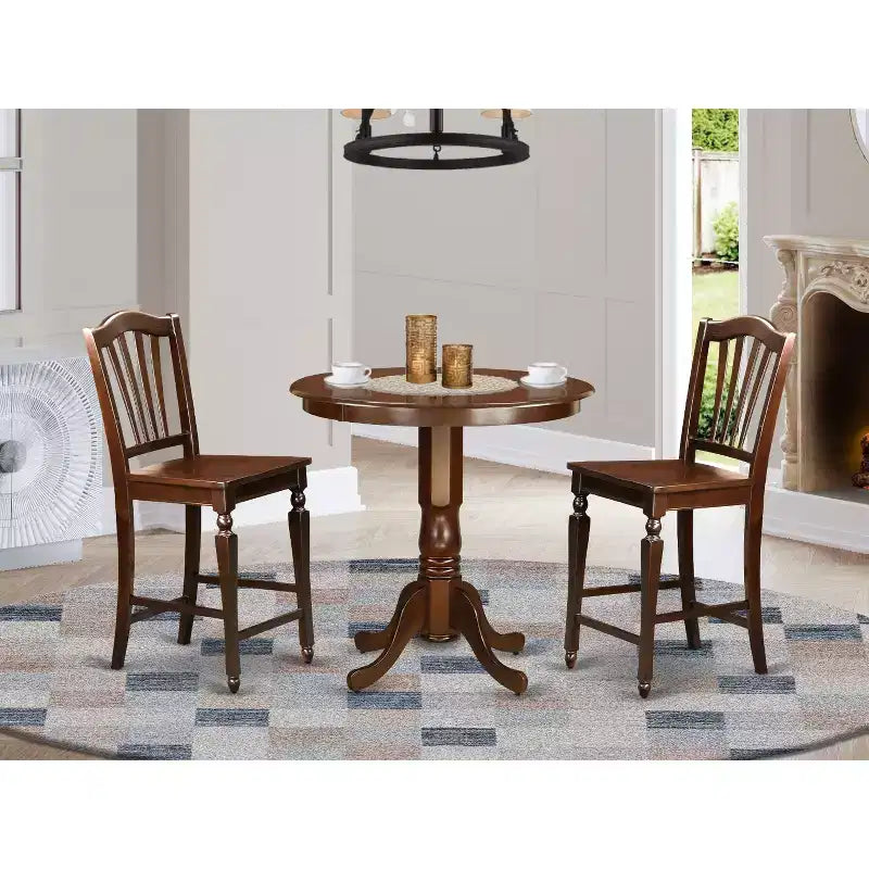 Set da pranzo ad altezza bancone - Set tavolo e sedie da 3 pezzi - Tavolo rotondo con piedistallo - Finitura mogano