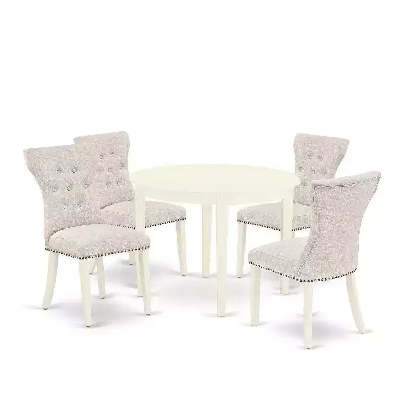 5-Piece Linen white Solid Wood Top - Round Dining Room Set - Seats 4