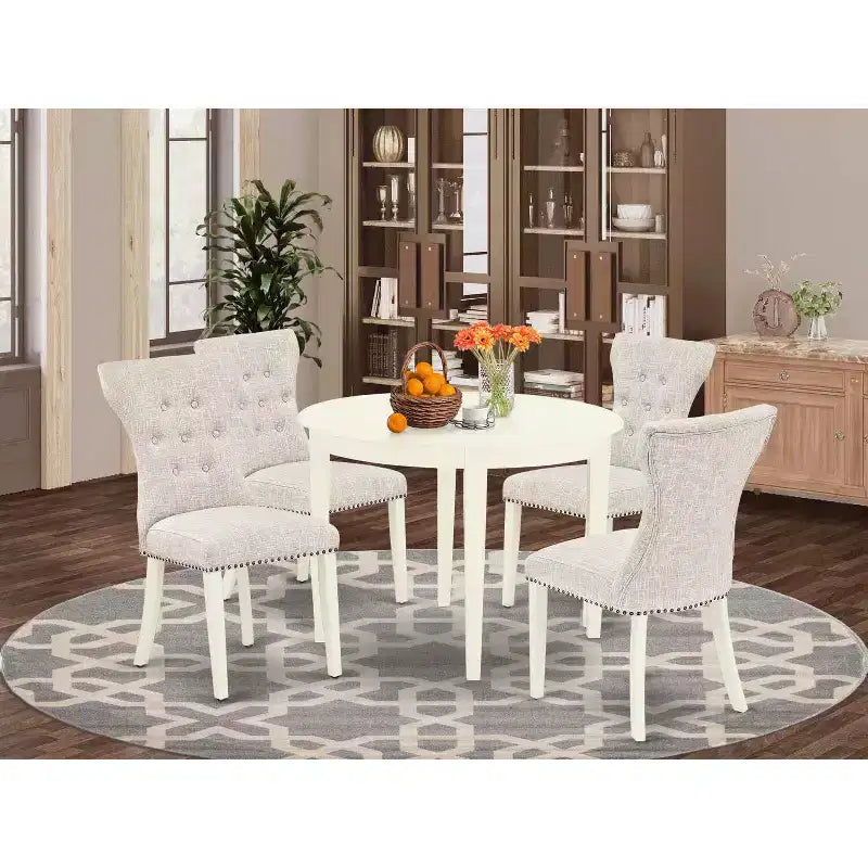 Set da pranzo rotondo a 5 pezzi in legno massello con piano bianco lino - 4 posti a sedere