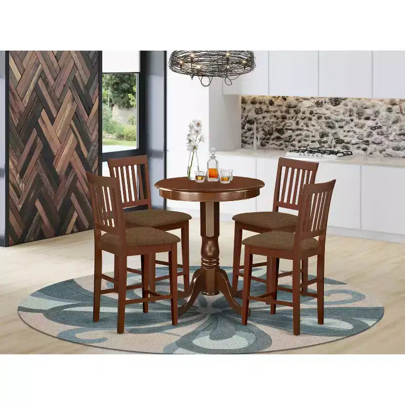 Set da pranzo a altezza bancone - 5 pezzi Tavolo e sedie da cucina boho - Tavolo rotondo con piedistallo in legno