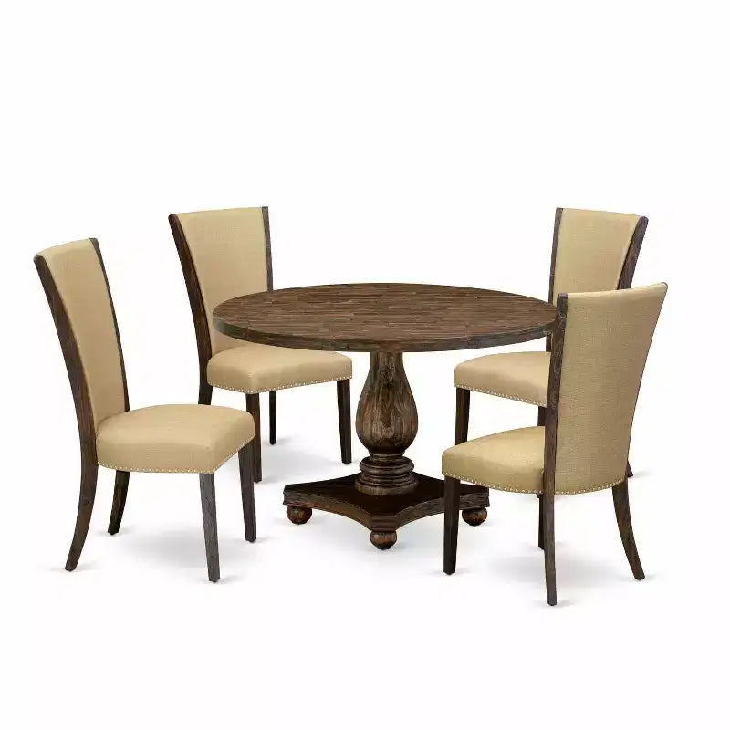 HomeStock 5-Piece Round Distressed Jacobean Finish Solid Wood Top Dining Table with 4 Parson Chair