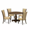 HomeStock 5-Piece Round Distressed Jacobean Finish Solid Wood Top Dining Table with 4 Parson Chair