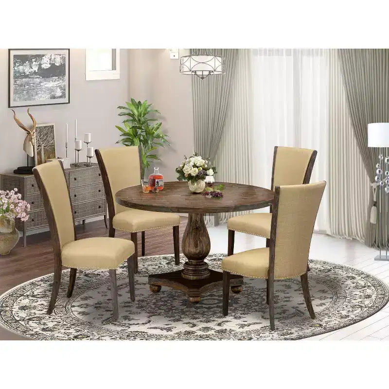 HomeStock Tavolo da pranzo rotondo da 5 pezzi con ripiano in legno massello finitura anticata stile giacobino con 4 sedie Parson