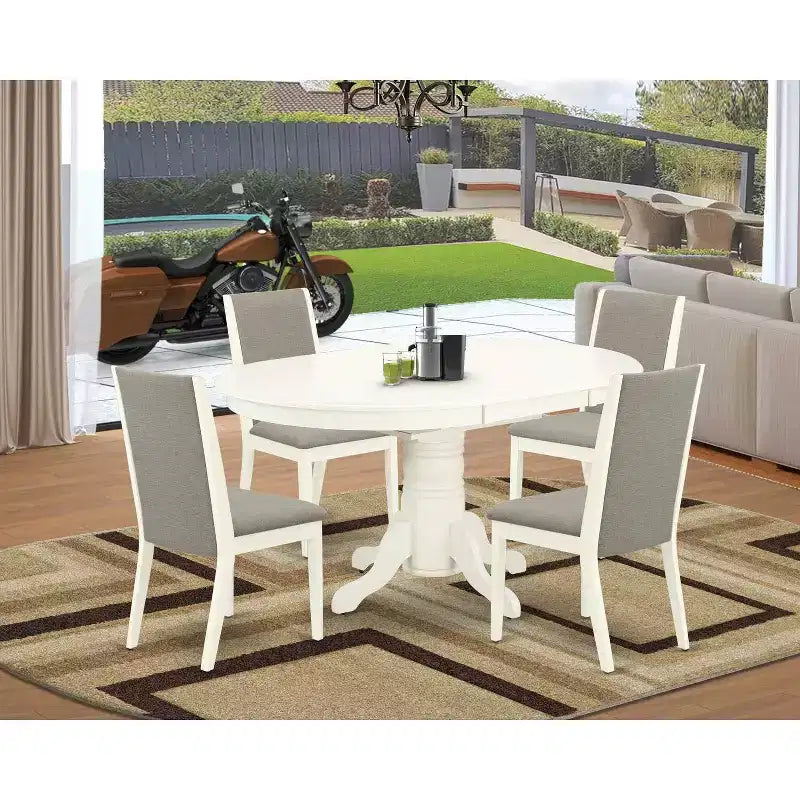 HomeStock Set Tavolo da Pranzo Ovale a 5 Pezzi con Top in Legno Massello Finitura Bianco Lino e 4 Sedie Parson con Prolunga a Farfalla
