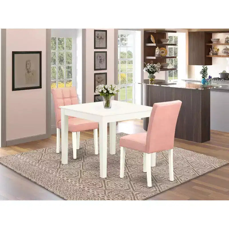 HomeStock Set da Pranzo da 3 Pezzi in Lino Bianco con Tavolo Quadrato in Legno Massello - 2 Posti