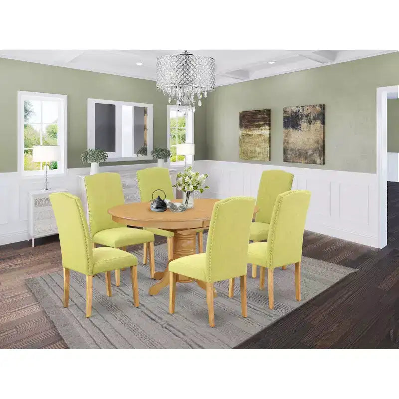 Set da pranzo 7 pezzi - Tavolo ovale con prolunga e 6 sedie - Tessuto in lino e gambe in rovere - Set per cucina sala da pranzo