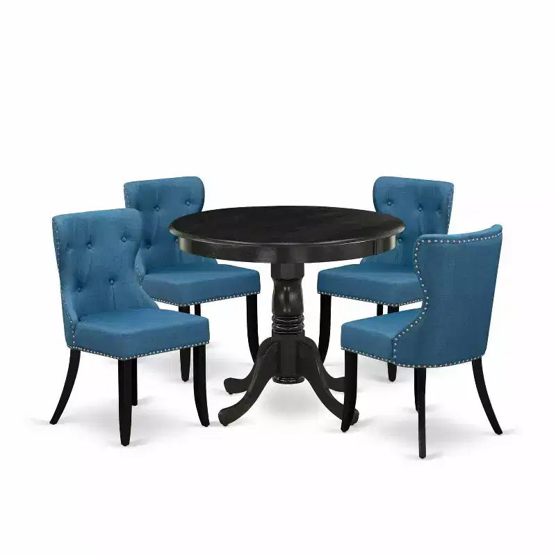HomeStock 5-Piece Round Wire Brushed Black Finish Solid Wood Top Dining Table with 4 Parson Chair