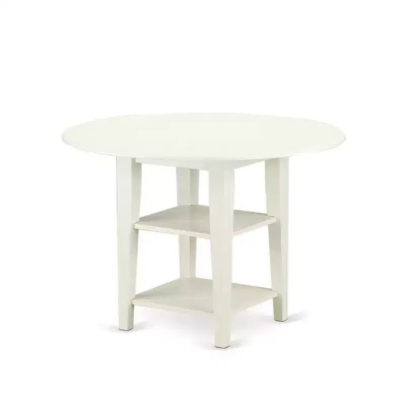 Round Drop Leaf Dining Set - 3pc Table & Chair Set - Linen White Finish - Modern Kitchen Dining Room Furniture
