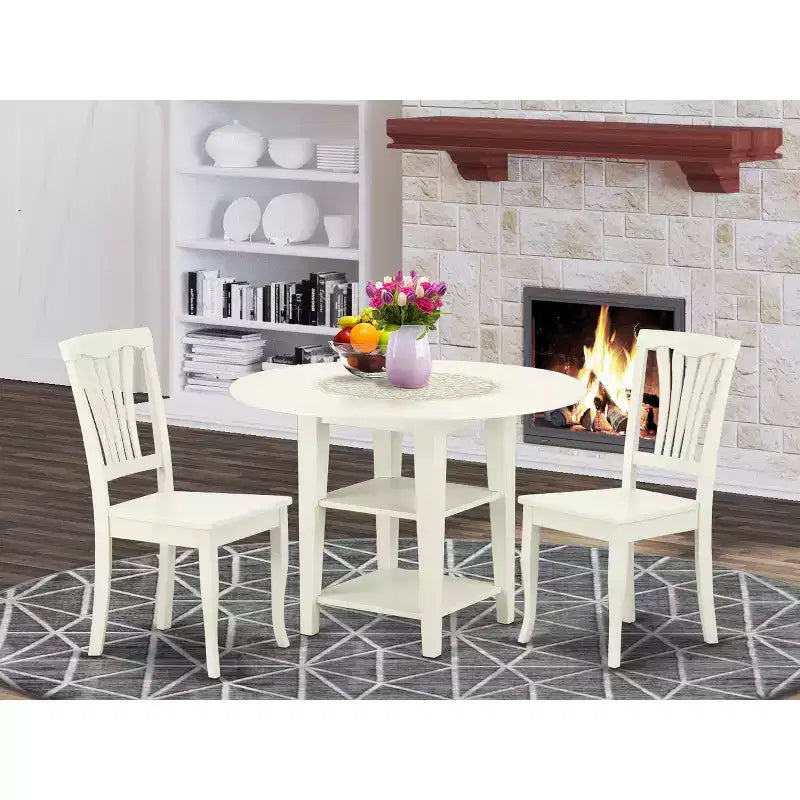 Set da Pranzo Rotondo con Ante a Scomparsa - Set Tavolo e 2 Sedie - Finitura Bianco Lino - Mobili Moderni per Cucina e Sala da Pranzo