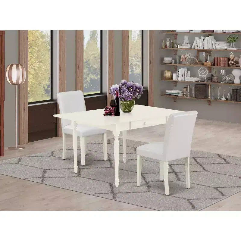 Set da pranzo HomeStock in 3 pezzi con piano in legno massello finitura bianco lino e tavolo allungabile - 2 posti