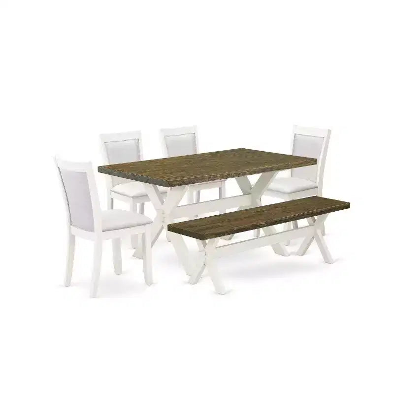 HomeStock 6-Piece Rectangle Wire Brushed Linen White Finish Solid Wood Top Dining Table with 1-Bench, 4-Chairs