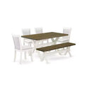 HomeStock 6-Piece Rectangle Wire Brushed Linen White Finish Solid Wood Top Dining Table with 1-Bench, 4-Chairs