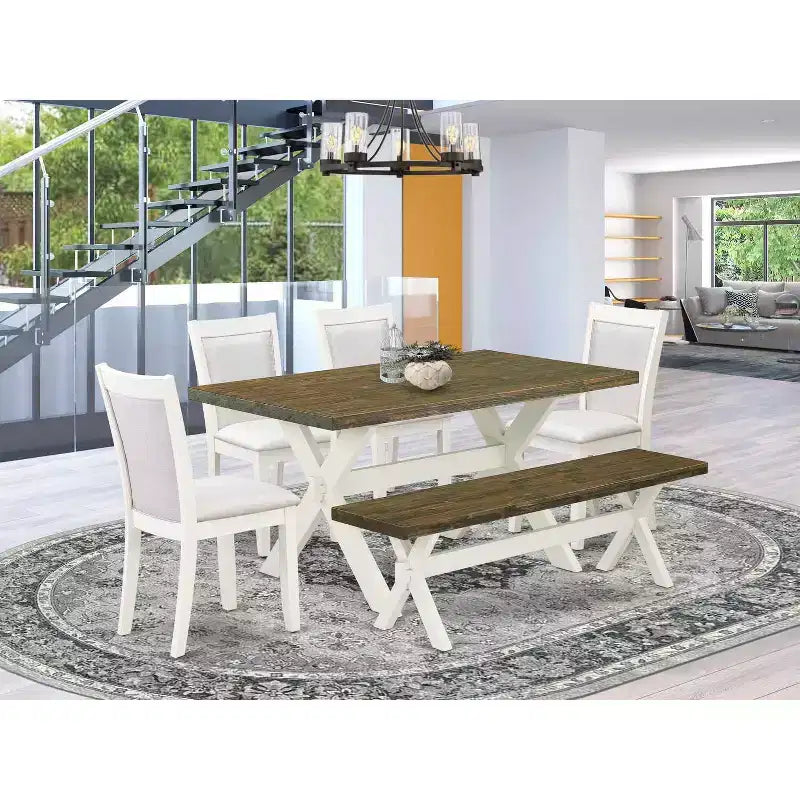 HomeStock Tavolo da Pranzo Rettangolare da 6 Pezzi in Legno Massello con Finitura Lino Bianco Spazzolato e 1 Panca, 4 Sedie