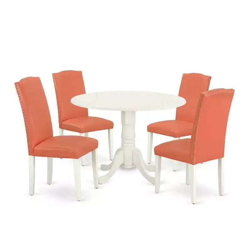 Round Kitchen Table Set 5pc 42 Inch Table w/ Drop Leaves & 4 Pink Flamingo Chairs