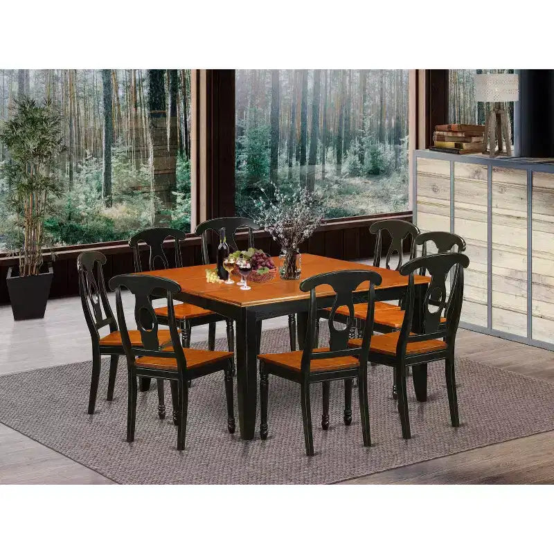 HomeStock tavolo da pranzo da 9 pezzi con piano quadrato in legno massello con finitura nera e color ciliegia e 8 sedie