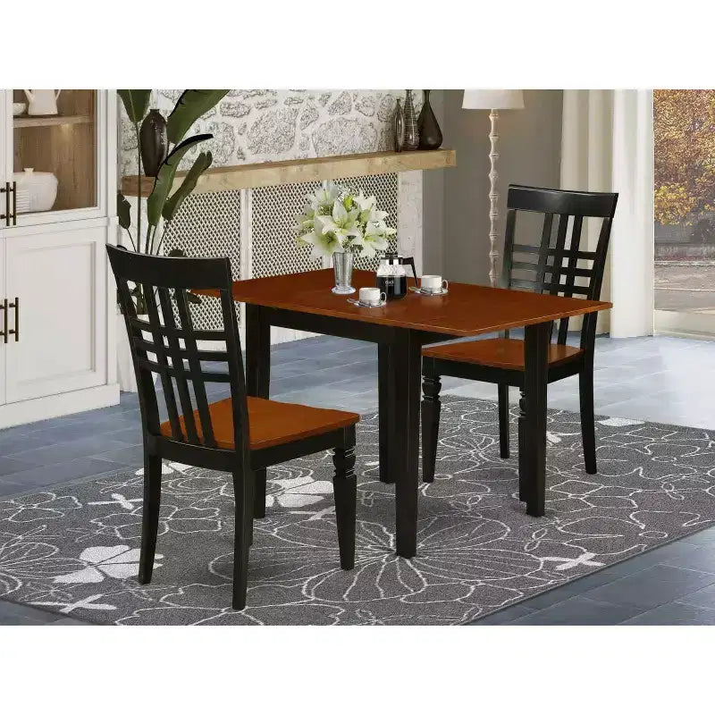 Set da pranzo con tavolo 3 pezzi in legno massello finitura nera e ciliegio