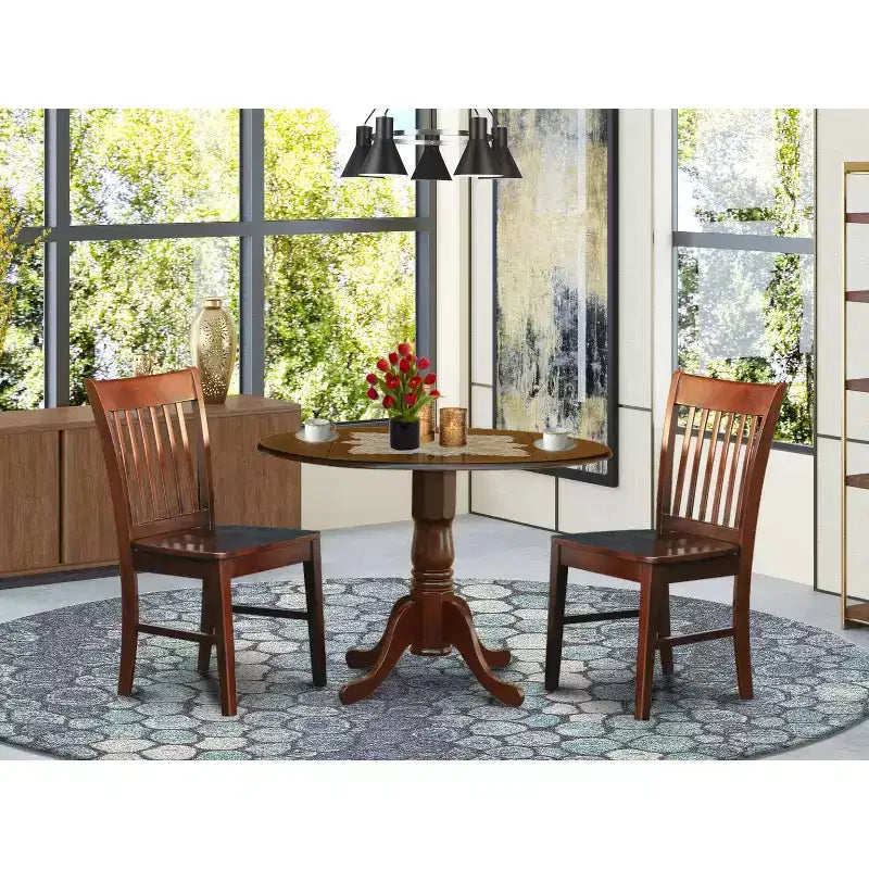 HomeStock Set da pranzo 3 pezzi con tavolo rotondo e 2 sedie, piano in legno massello con finitura mogano