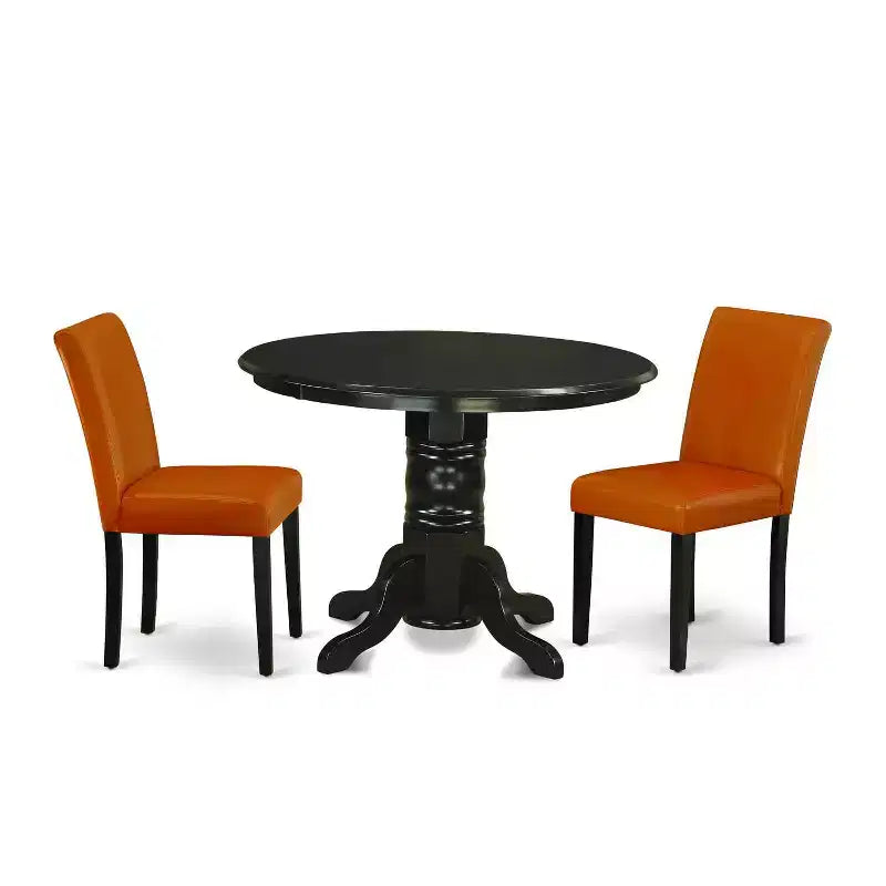Coastal Dining Set 3Pc Round Table & 2 Chairs - 42 Table - PU Leather - Black Legs - HomeStock