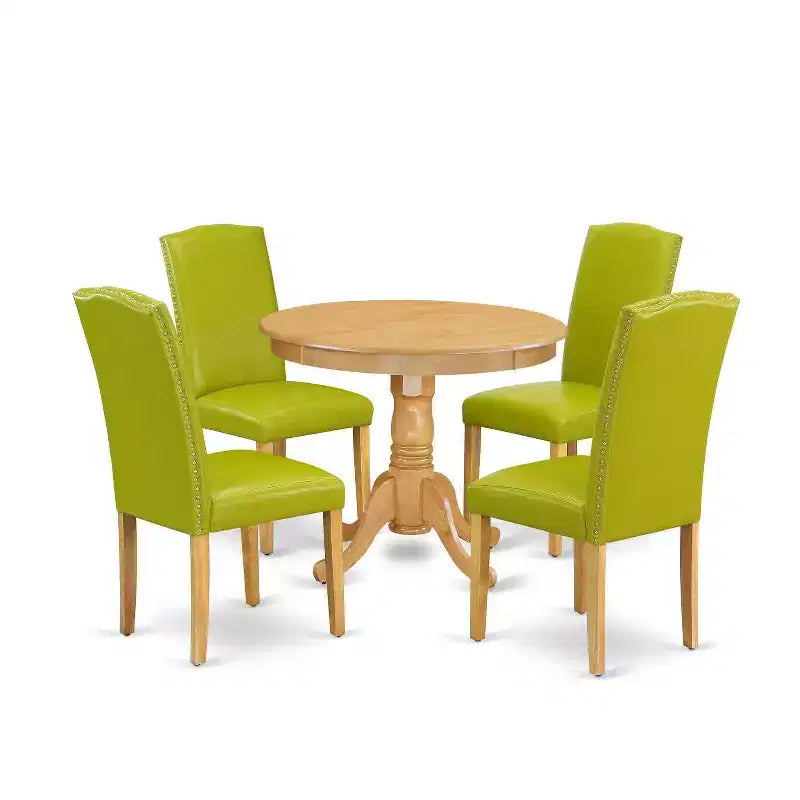 Farmhouse Round Dining Set - 5Pc Table & Chairs, 36 Table, Oak Legs, PU Leather, Autumn Green
