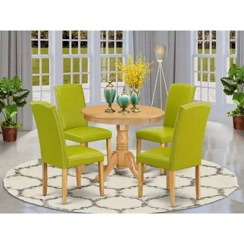 Set da pranzo rotondo rustico - tavolo e sedie 5 pz, tavolo 36", gambe in rovere, pelle PU, verde autunnale