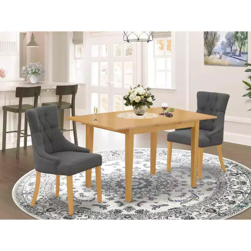 Set da pranzo HomeStock di 3 pezzi con piano rettangolare in legno massello finitura rovere marrone naturale e prolunga a farfalla