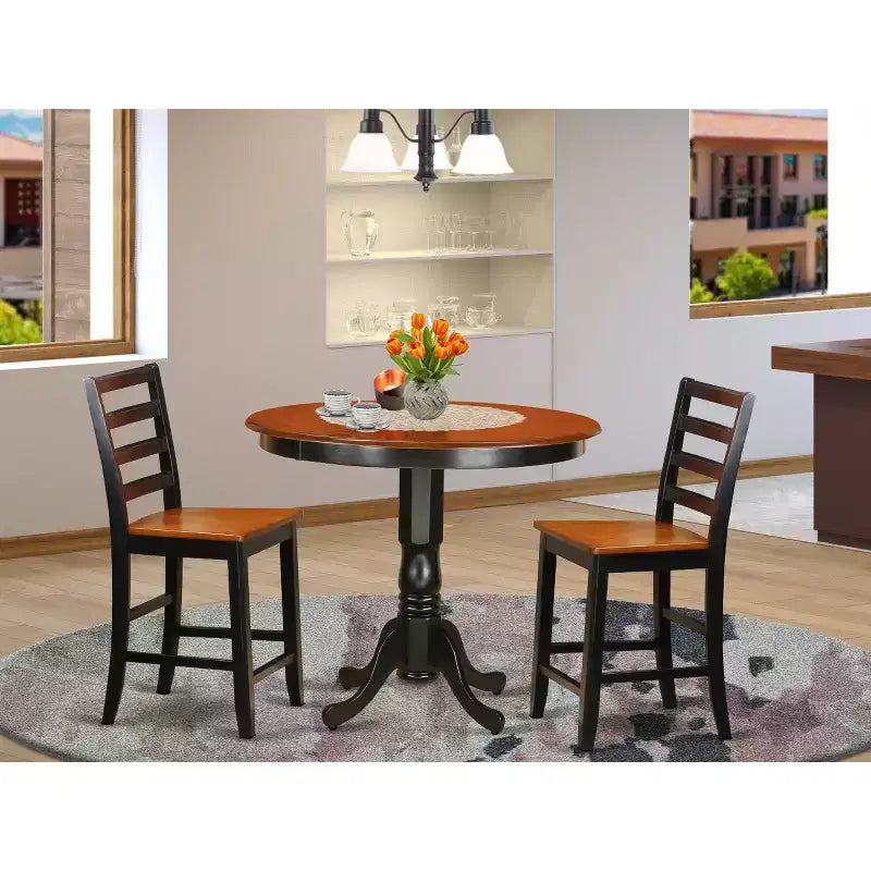 HomeStock Set da Pranzo 3 Pezzi con Finitura Nera e Piano in Legno Massello - 4 Posti a Sedere
