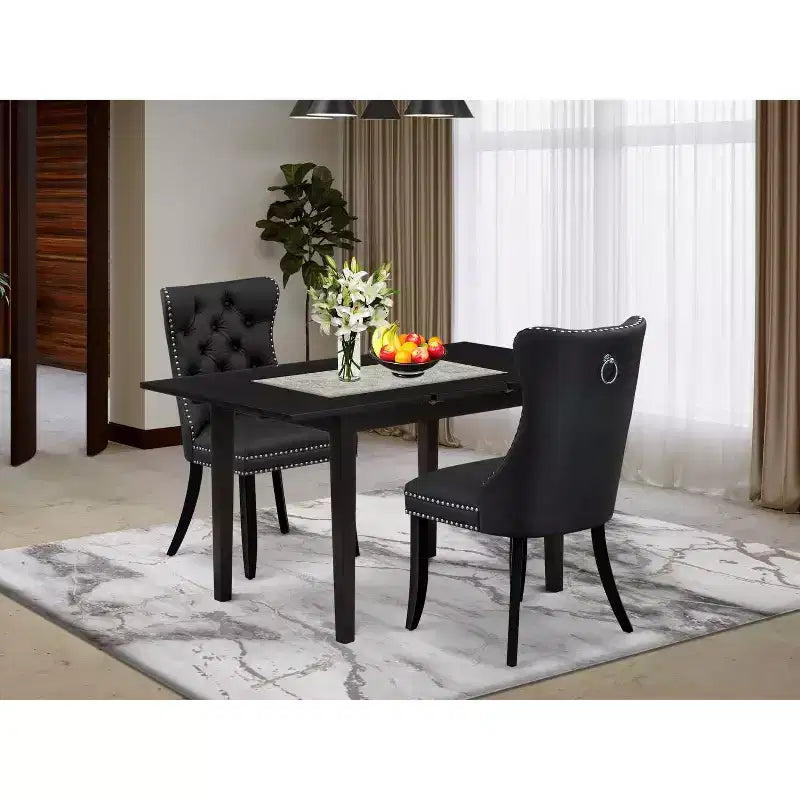Set da pranzo rettangolare 3 pezzi con piano in legno massello e finitura nera
