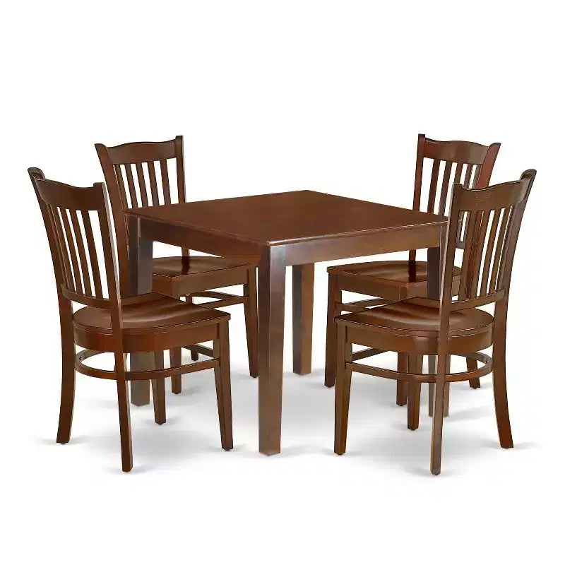 5-Piece Mahogany Finish Solid Wood Top-Square Dining Room Set-Seats 4