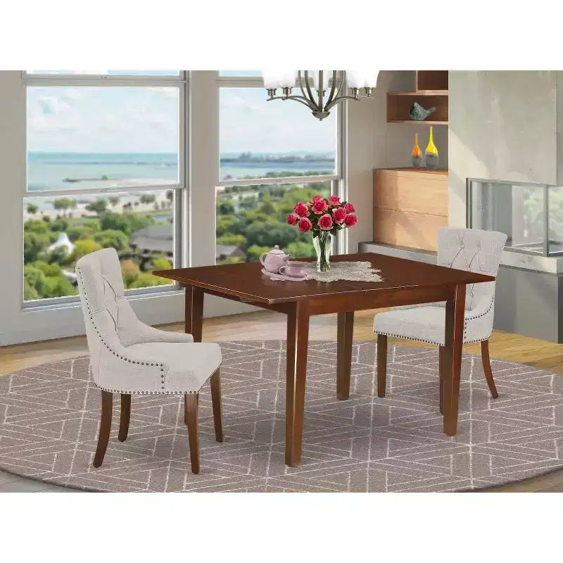 HomeStock Set da Pranzo 3 Pezzi in Legno Massello con Finitura Mogano, Piano Rettangolare con Prolunga a Farfalla
