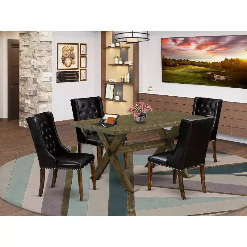 Tavolo da pranzo HomeStock 5 pezzi, piano in legno massello finitura anticata Jacobean, forma rettangolare con 4 sedie imbottite