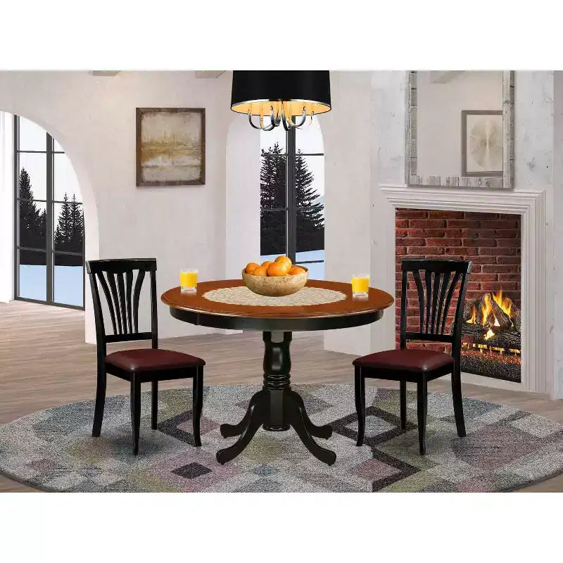 HomeStock Set da Pranzo Rotondo da 3 Pezzi, Tavolo con Piano in Legno Massello Finitura Nera e Ciliegio e 2 Sedie