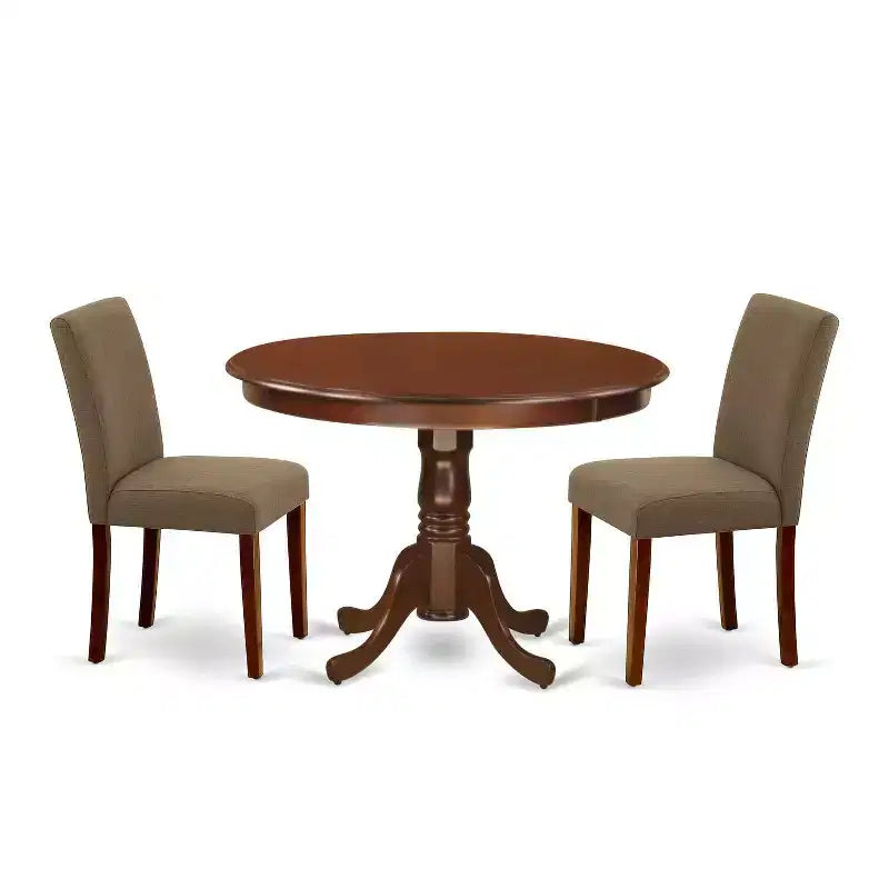 Round Kitchen Table Set 3pc - 42 Inch Table & 2 Parsons Chairs - Linen Fabric & Mahogany Legs - Dining Room Set