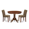 Round Kitchen Table Set 3pc - 42 Inch Table & 2 Parsons Chairs - Linen Fabric & Mahogany Legs - Dining Room Set