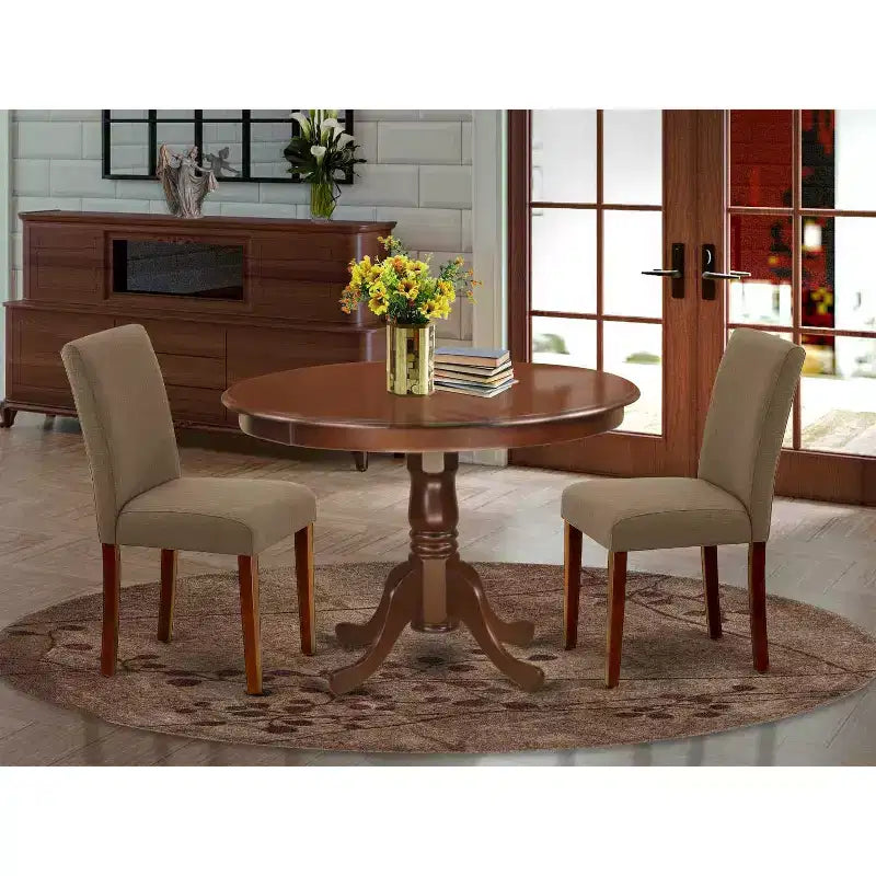 Set tavolo da cucina rotondo 3 pezzi - Tavolo da 42 pollici e 2 sedie Parsons - Tessuto di lino e gambe in mogano - Set da pranzo