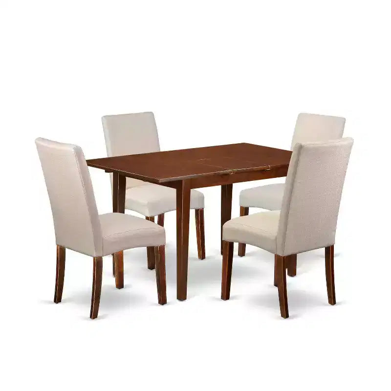 Vintage Dinette Set 5Pc Rectangle Table & 4 Chairs - Linen Fabric Cream - Mahogany Legs - 42 Table with Leaf