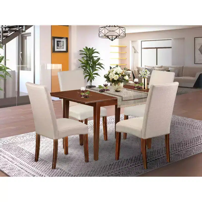 Set da pranzo vintage 5 pezzi: tavolo rettangolare e 4 sedie - Tessuto in lino crema - Gambe in mogano - Tavolo 42 con prolunga