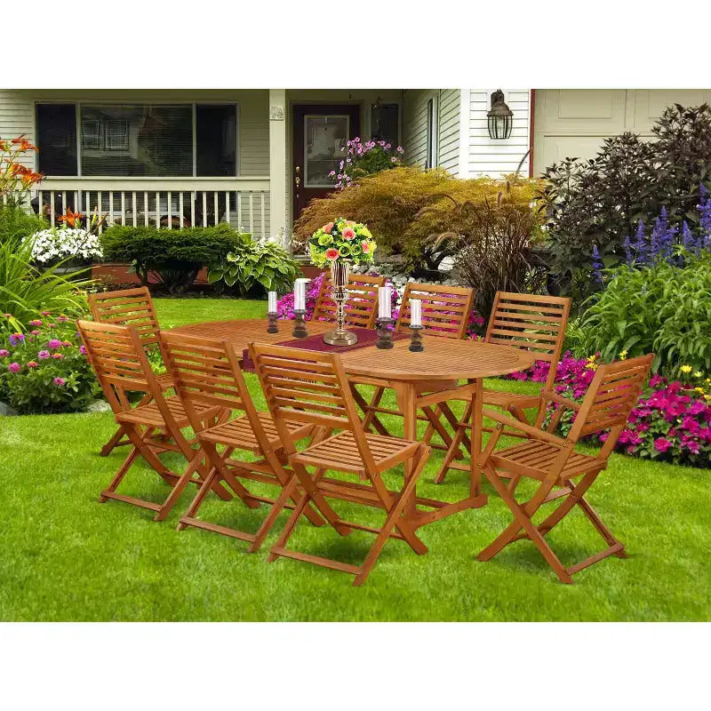 HomeStock Tavolo da Pranzo con Piano in Legno Massello Finitura Rovere Naturale 9 Pezzi con 8 Sedie