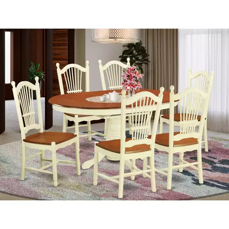 Tavolo da pranzo ovale a 7 pezzi in legno massello con finitura color Buttermilk e ciliegio con 6 sedie
